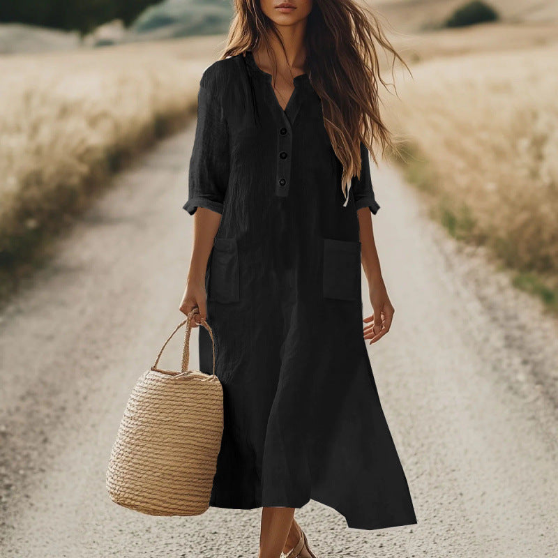 Kaftan dress with linen look henley neckline and pockets for women