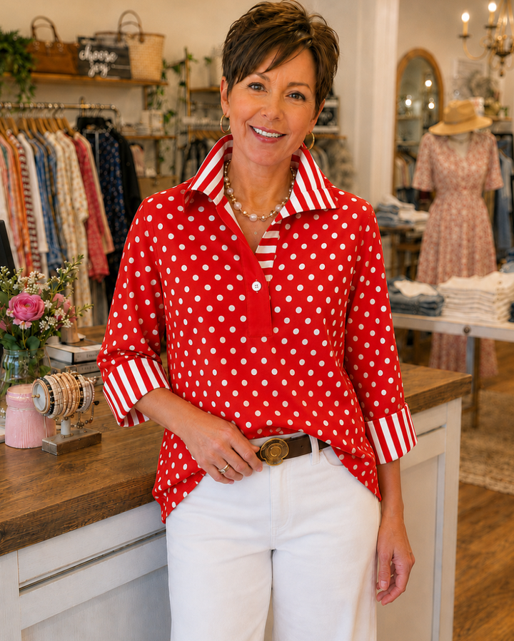 Cotton poplin polka dot blouse with striped collar for women