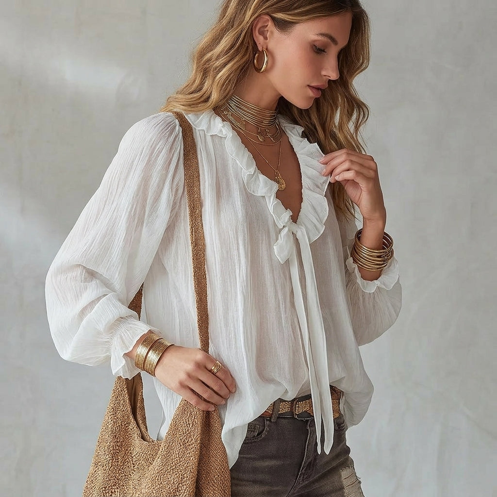 Ruffle tie neck blouse with lantern sleeves and crinkle texture for women