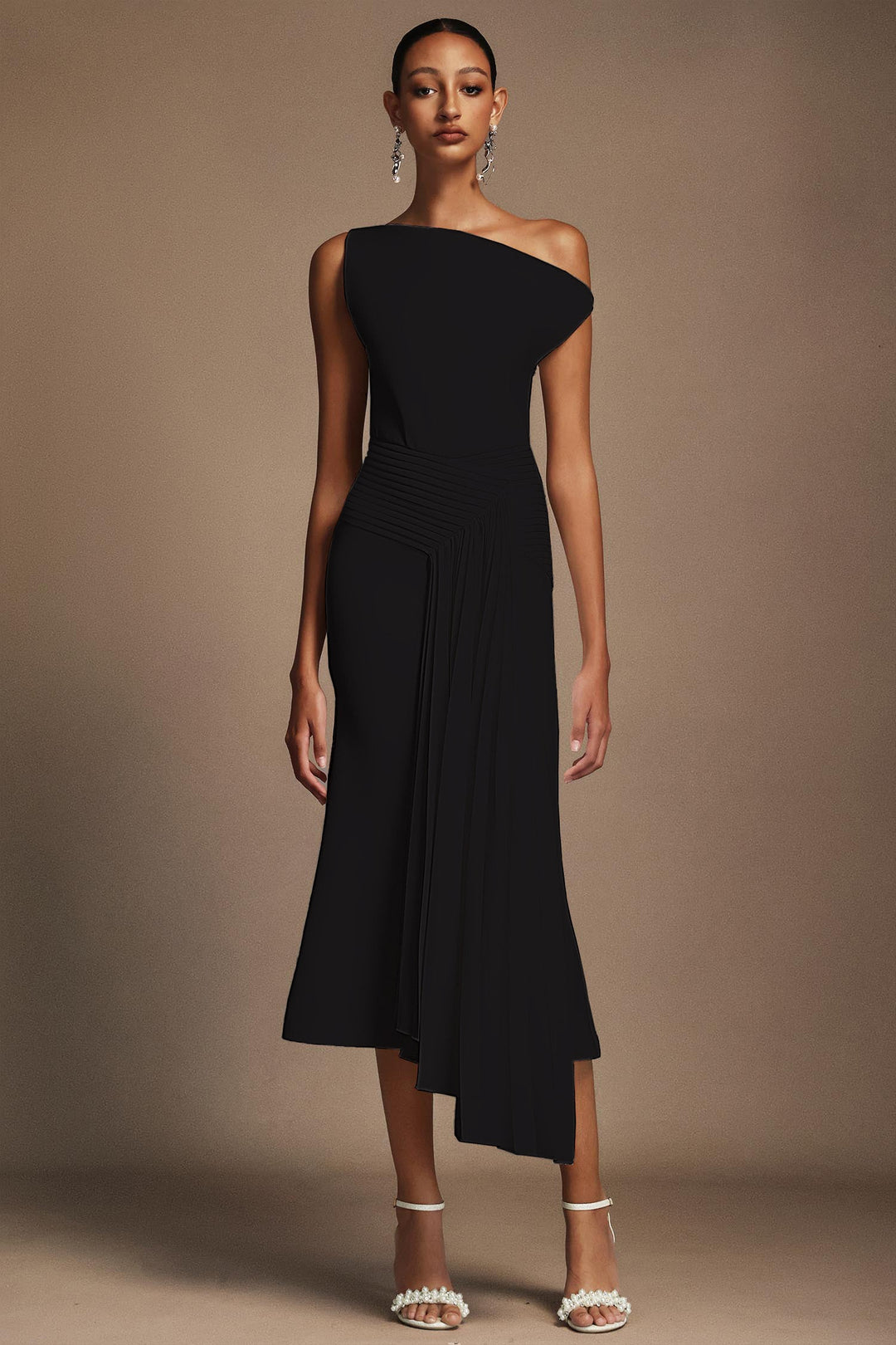 Juny | One-Shoulder Pleated Midi Dress