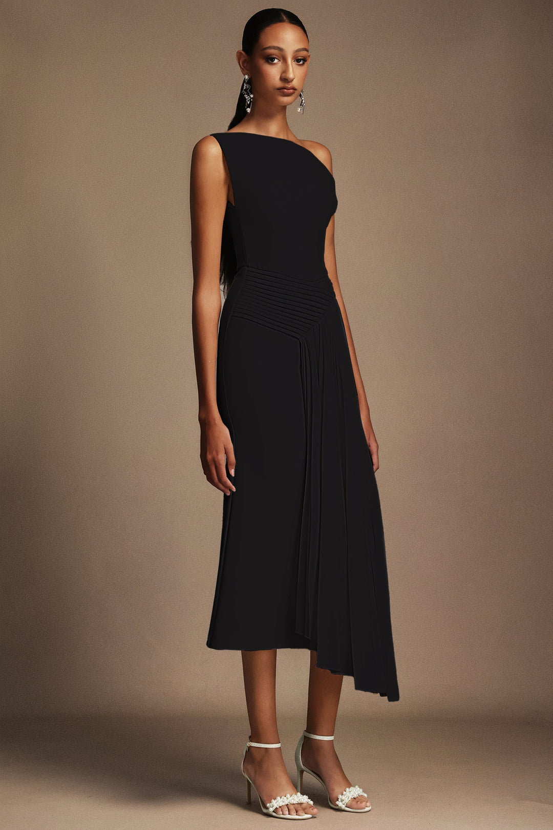 Juny | One-Shoulder Pleated Midi Dress
