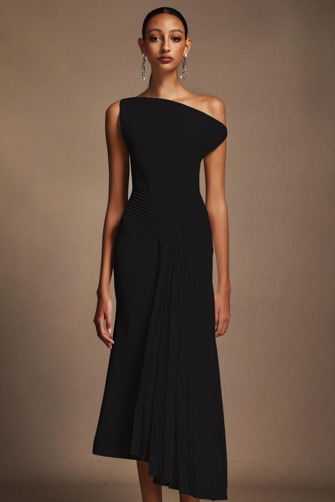 Juny | One-Shoulder Pleated Midi Dress