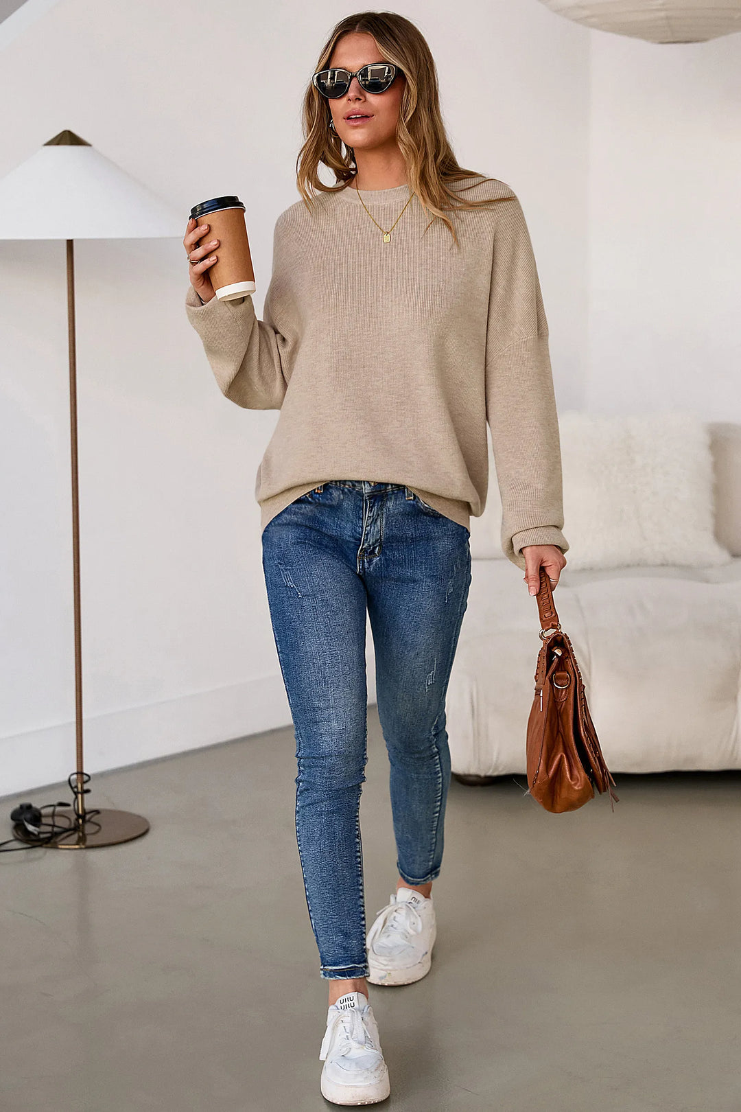 Wool blend oversized crew neck jumper for women