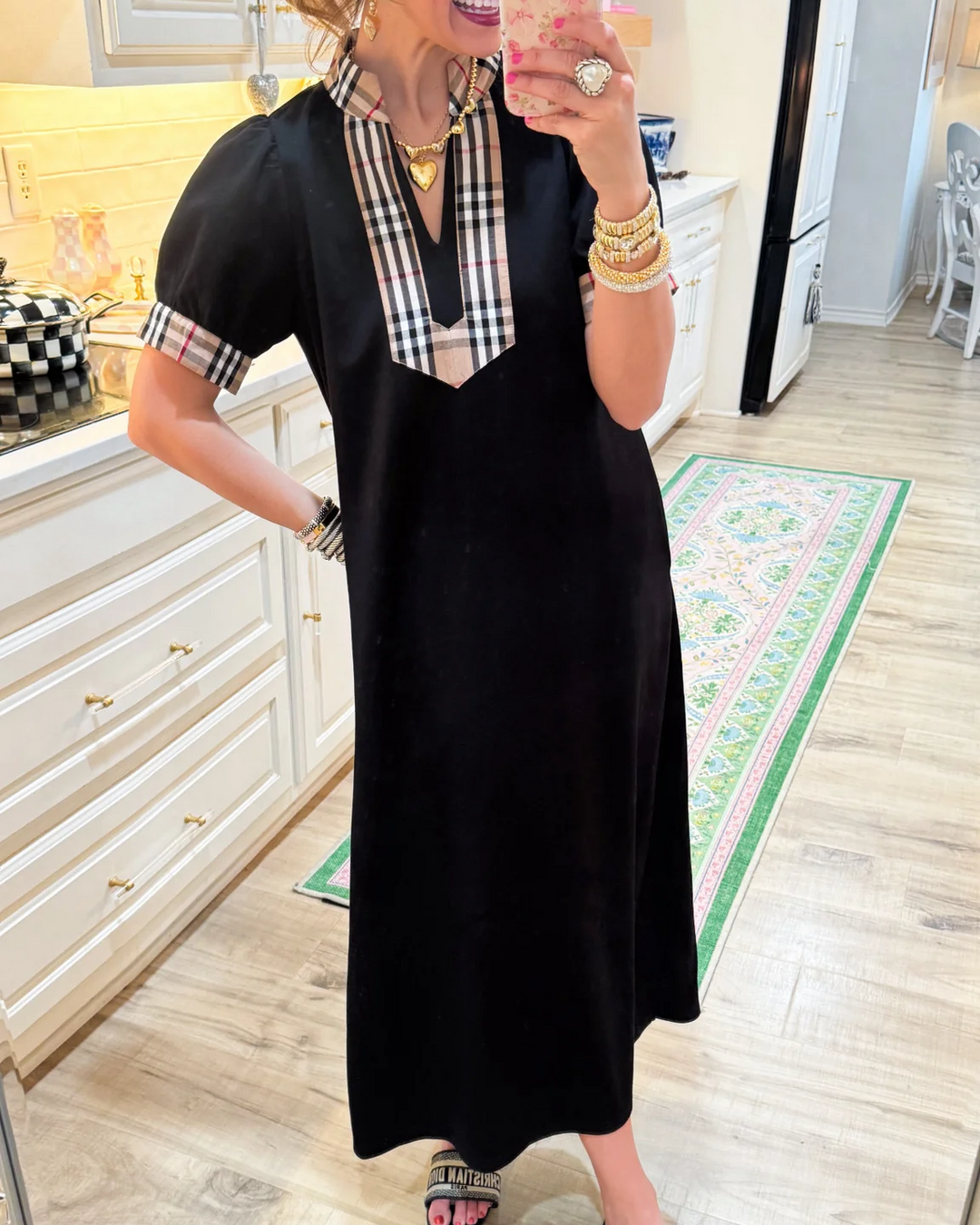 Plaid trim V-neck midi dress for women