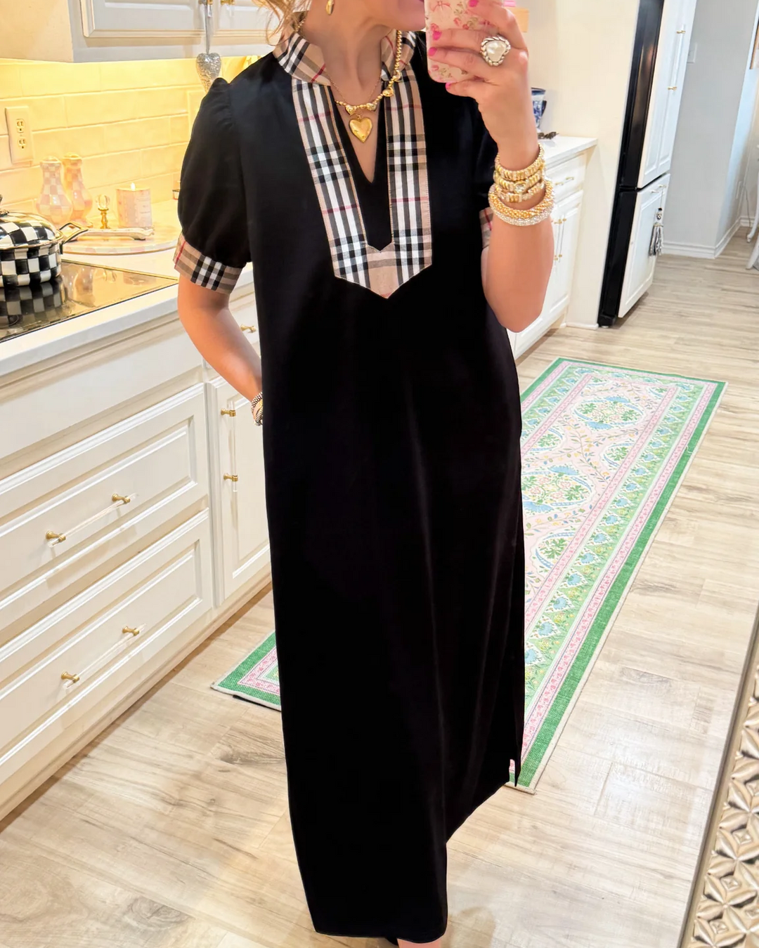 Plaid trim V-neck midi dress for women