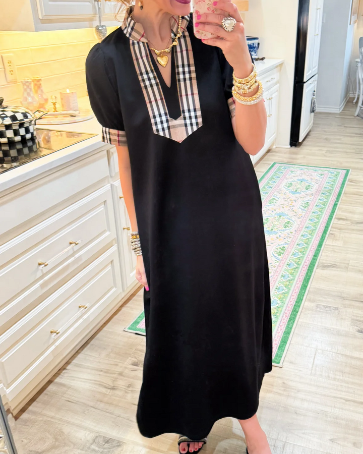Plaid trim V-neck midi dress for women