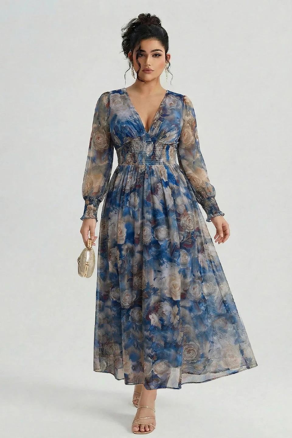 Plus size long sleeve maxi dress with floral waist for women