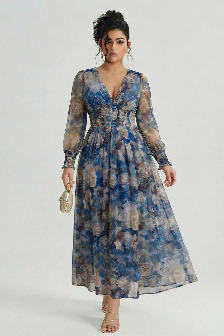Plus size long sleeve maxi dress with floral waist for women