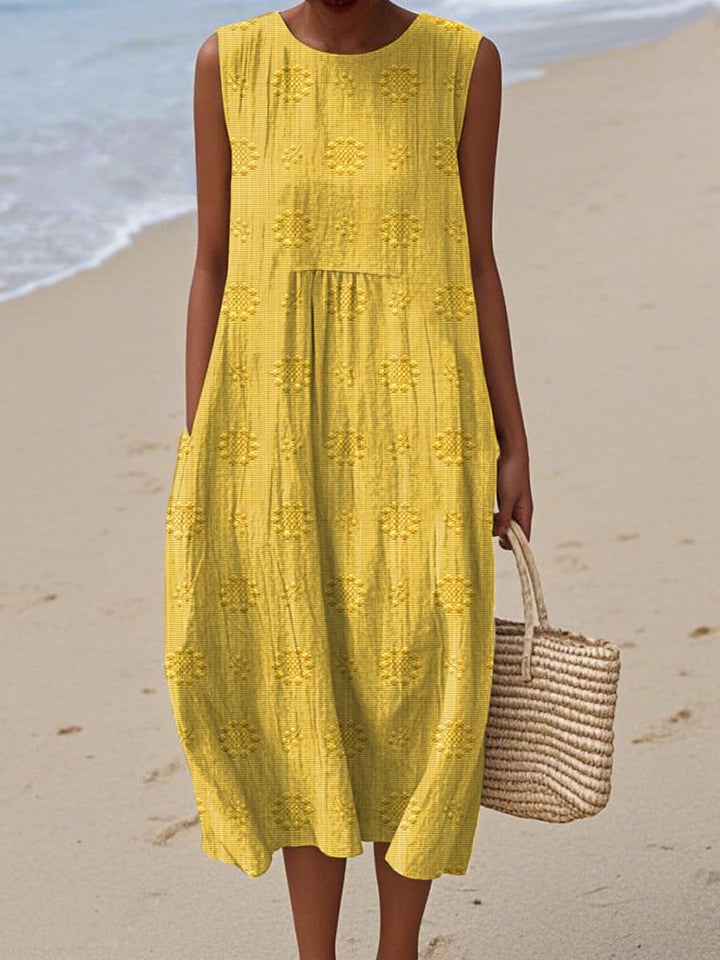 Embroidered summer midi dress with hidden pockets for women