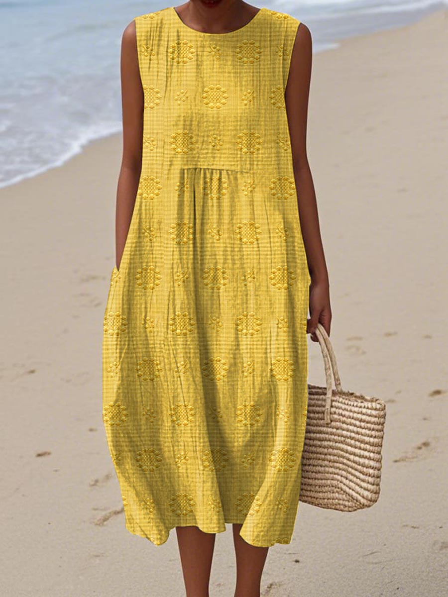 Embroidered midi dress with pockets for women