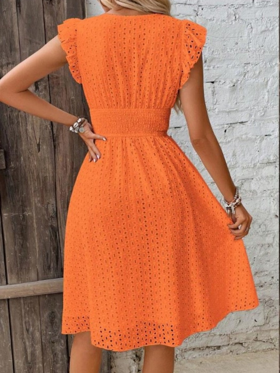 Eyelet midi dress linen blend flutter sleeve V-neck for women
