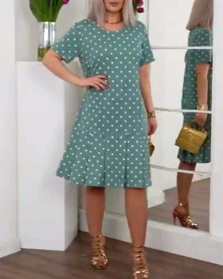 Polka dot dress knee length with buttons and short sleeves for women