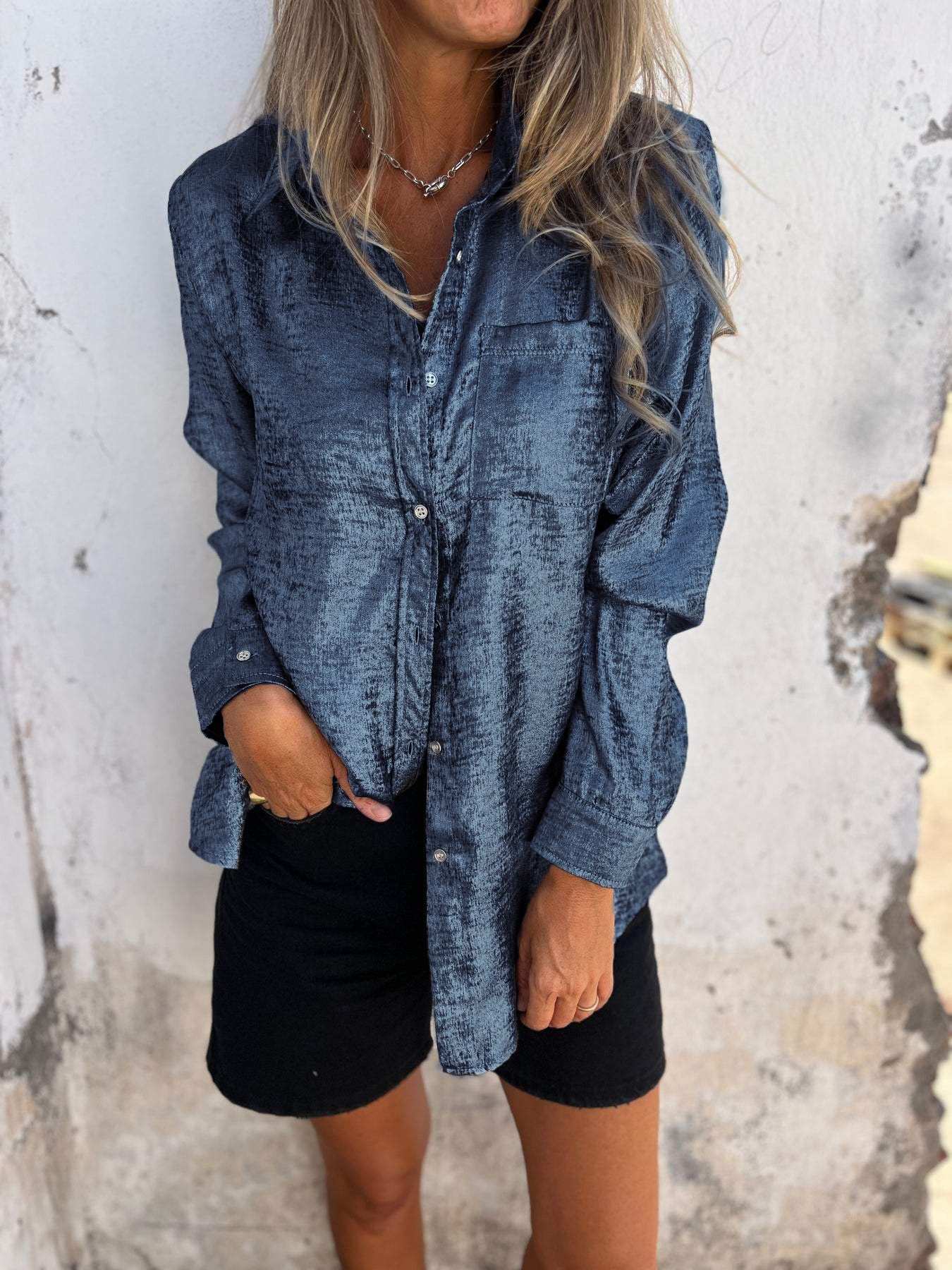 Luxurious Suede Blouse with Lapel Collar For Women