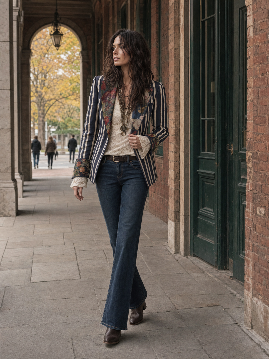 Cotton linen striped blazer with floral print for women