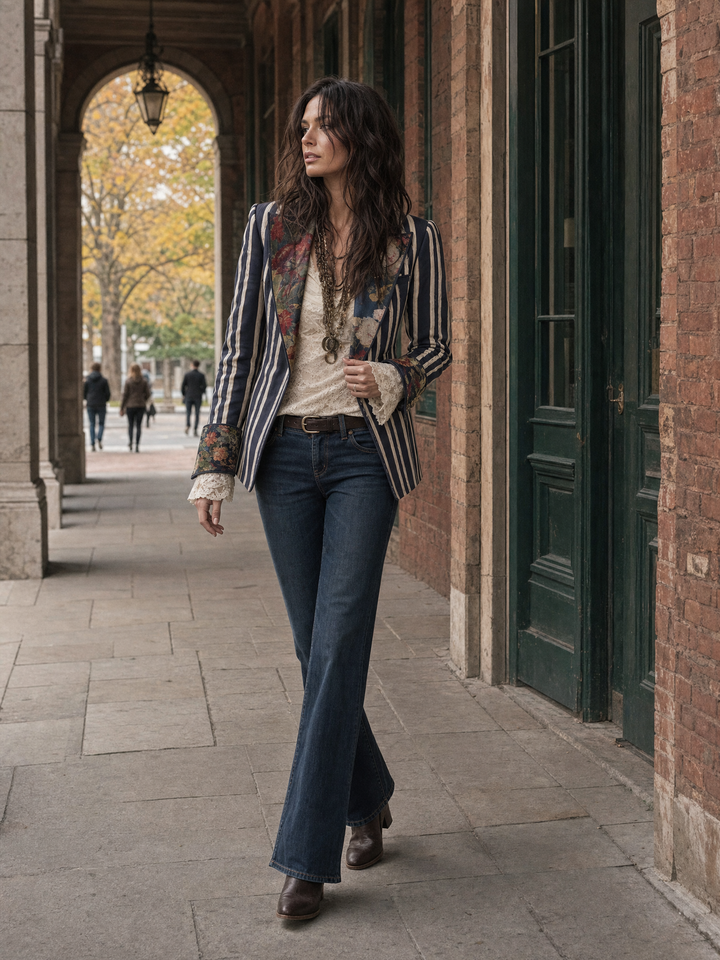 Cotton linen striped blazer with floral print for women
