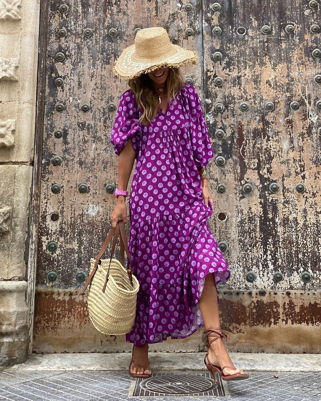 Tiered puff sleeve V-neck long dress for women