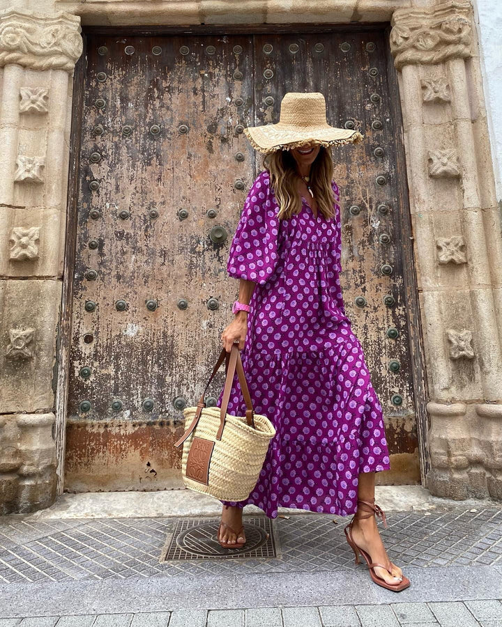 Tiered puff sleeve V-neck long dress for women