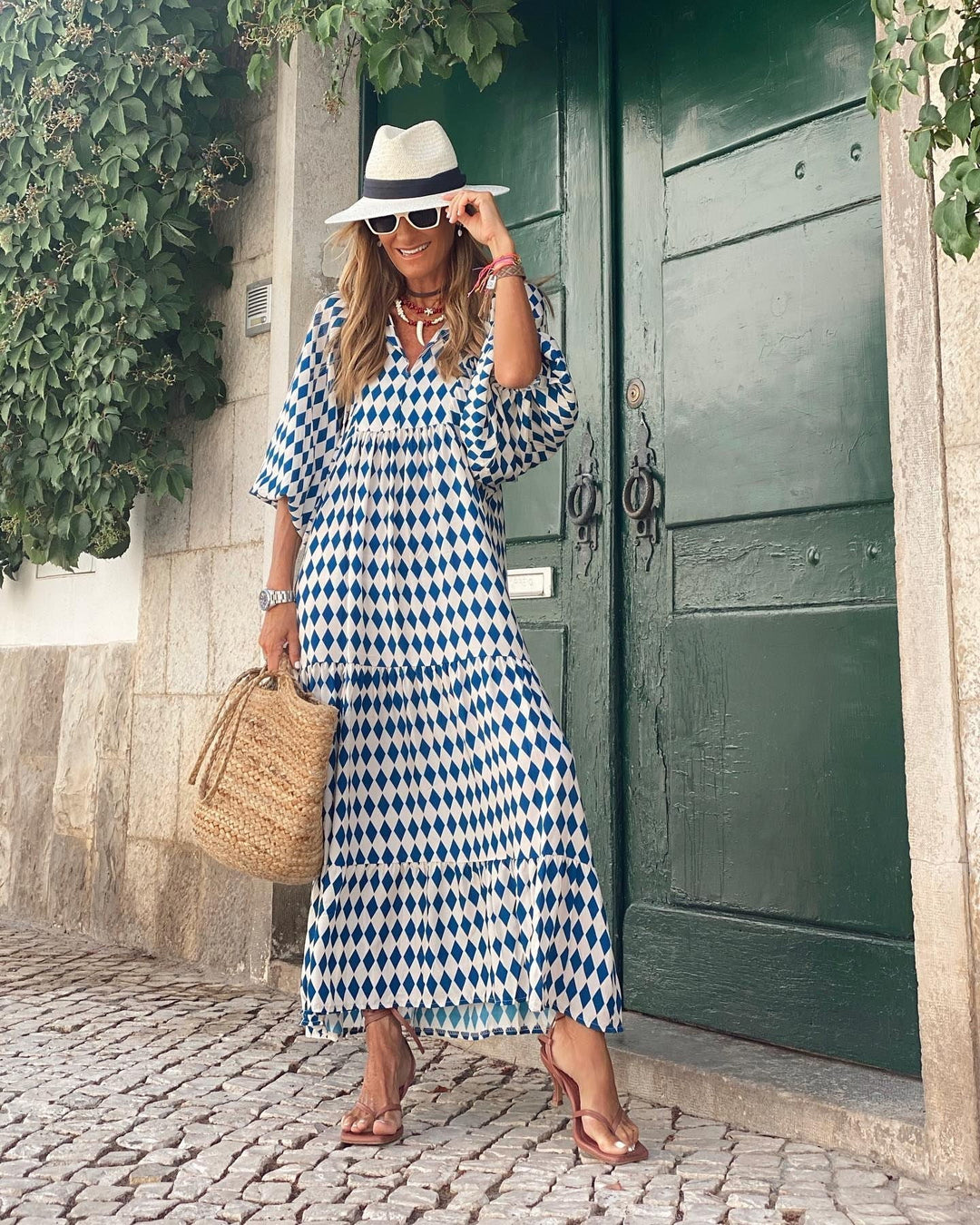 Tiered puff sleeve V-neck long dress for women