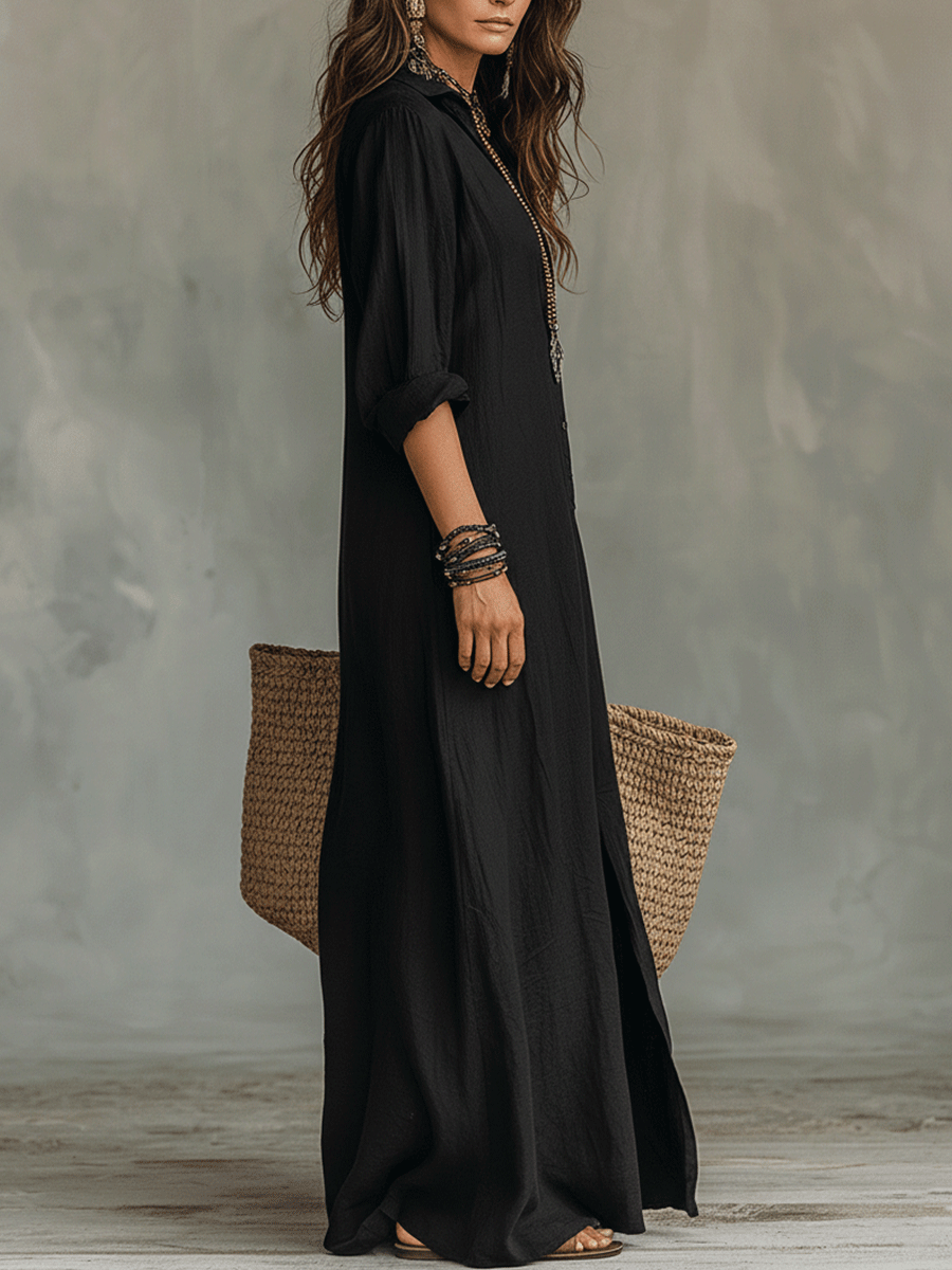 Button-front boho shirt maxi dress with long sleeves for women