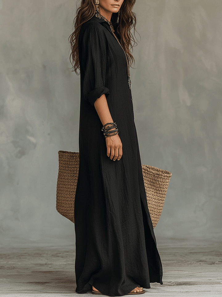 Button-front boho shirt maxi dress with long sleeves for women