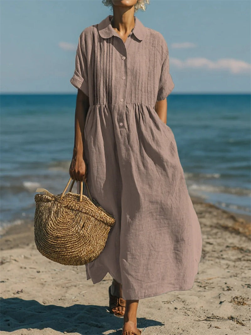 Casual button-down dress with relaxed fit and mid sleeves for women