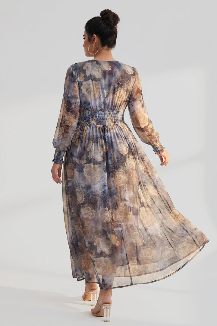 Plus size long sleeve maxi dress with floral waist for women