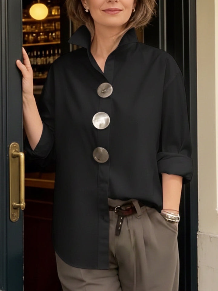 Cotton linen blouse with stand collar and statement buttons for women