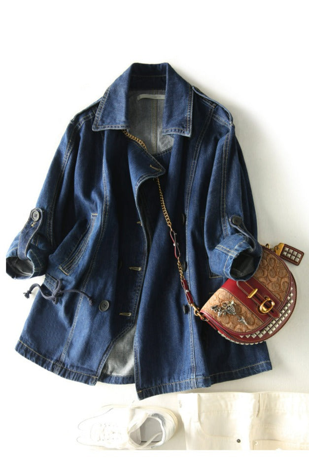 Cotton denim jacket with lapel collar and drawstring waist for women