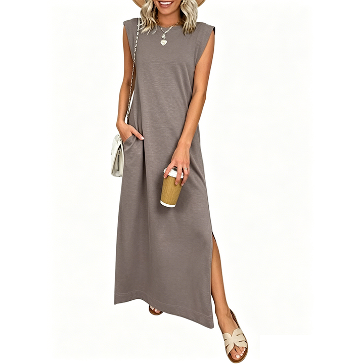Sleeveless crew neck maxi dress with side pockets and slits for women