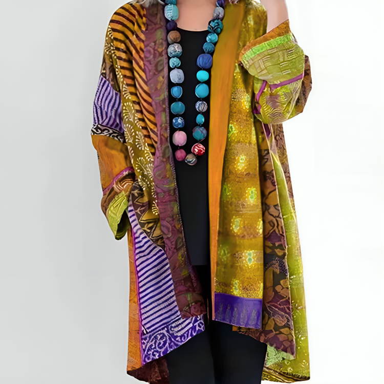 Patchwork print open front longline cardigan for women
