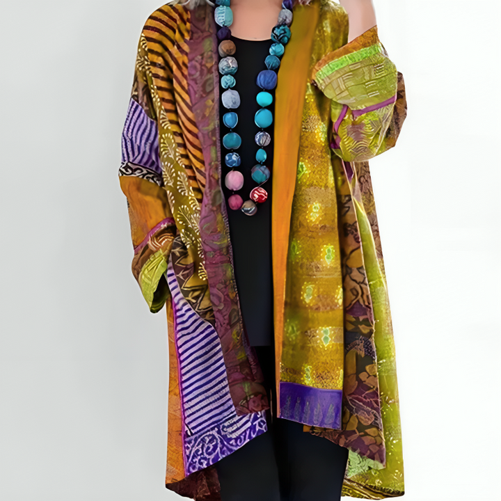 Patchwork print open front longline cardigan for women
