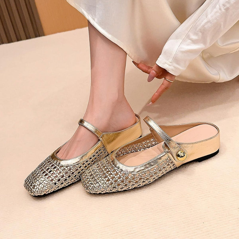 Woven mule flats with Mary Jane strap for women