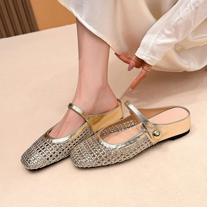 Woven mule flats with Mary Jane strap for women