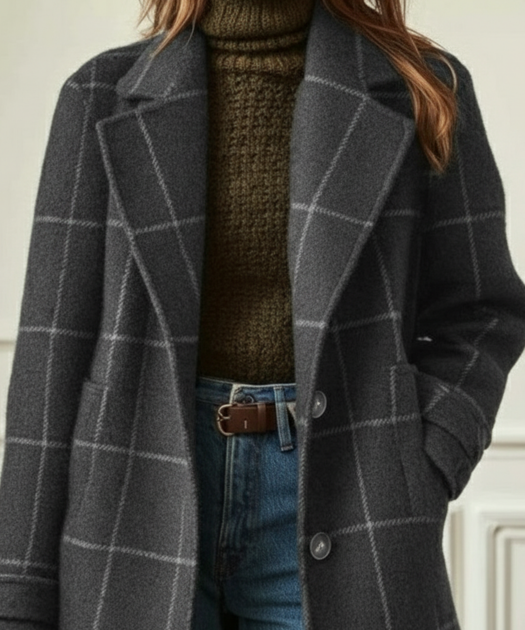 Wool-Blend Tweed Check Coat for Women