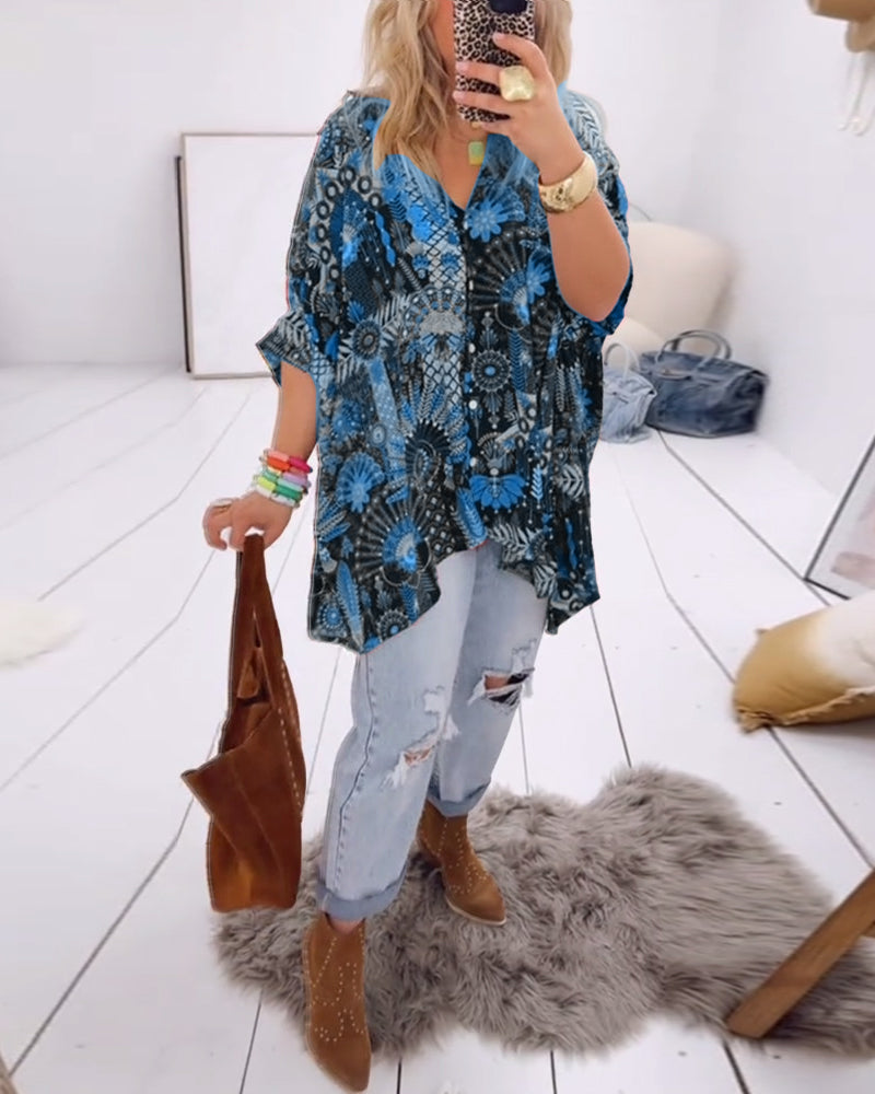 Printed blouse loose fit with lapel collar and half sleeves for women