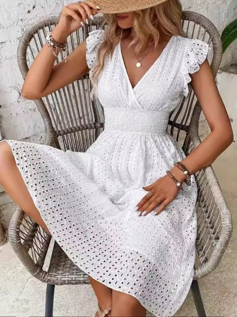 Eyelet midi dress linen blend flutter sleeve V-neck for women