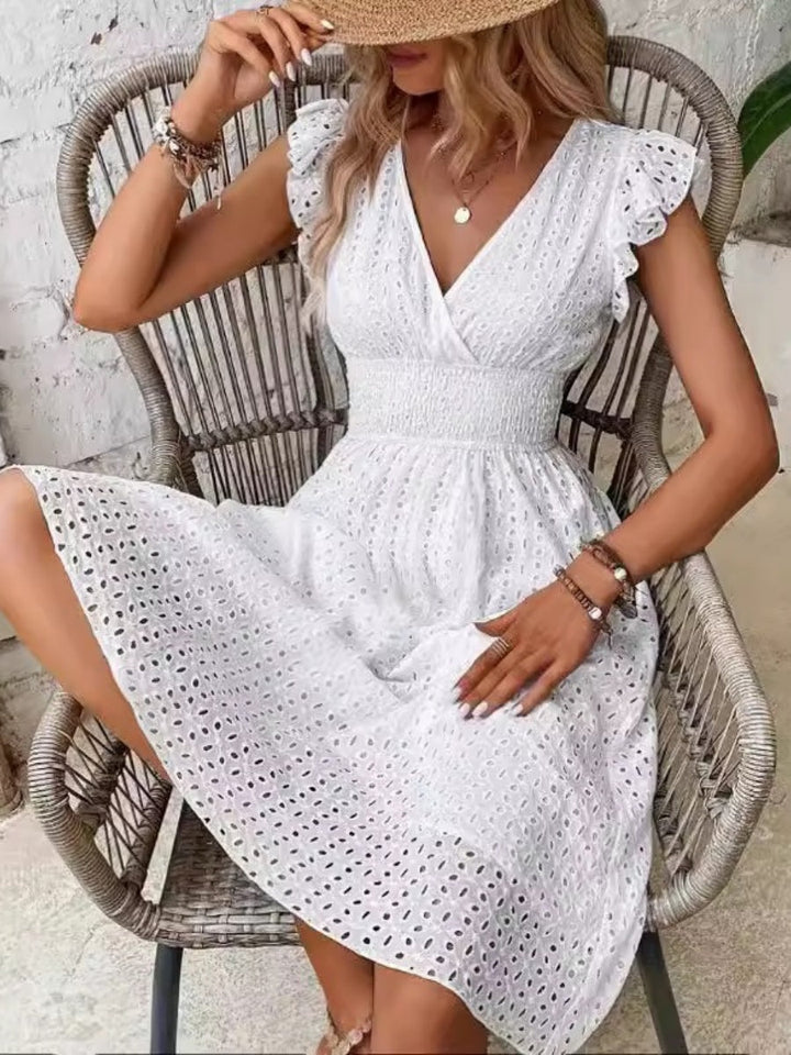 Eyelet midi dress linen blend flutter sleeve V-neck for women