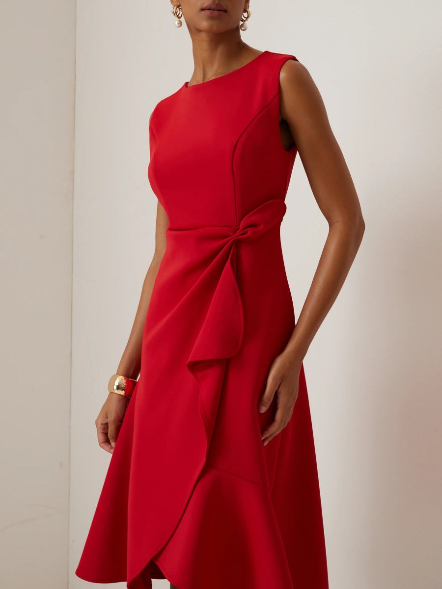 Sleeveless midi dress with ruffle asymmetric hem and crew neck for women
