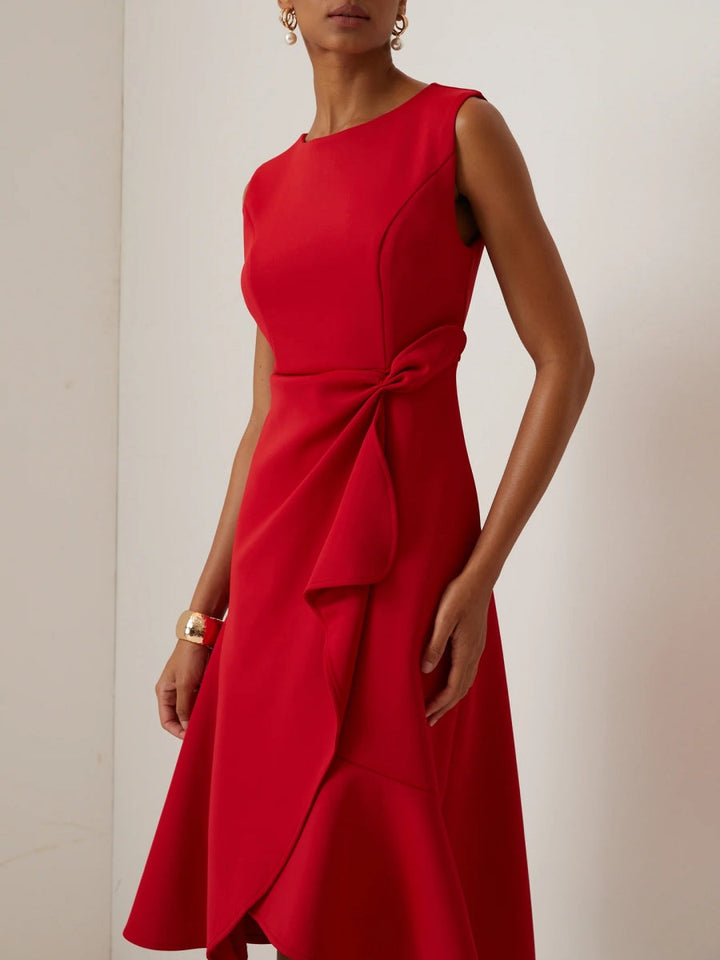 Sleeveless midi dress with ruffle asymmetric hem and crew neck for women