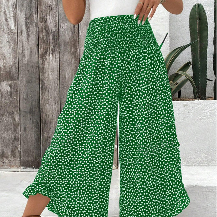 Printed wide leg pants with high elastic waist and ruffle hem for women