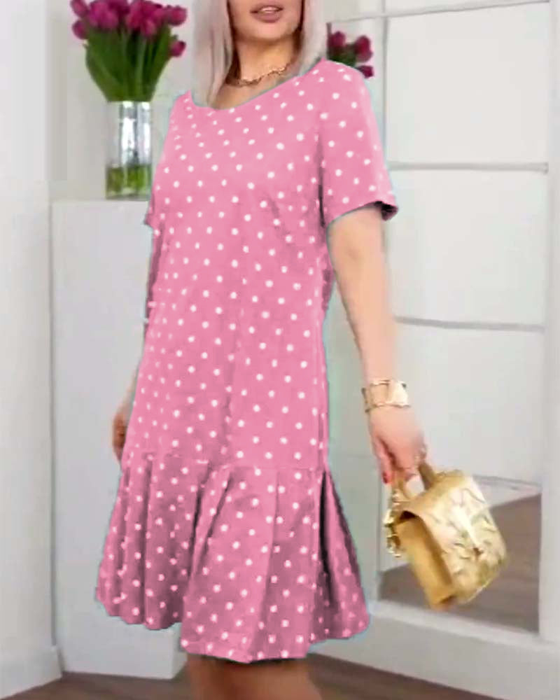 Polka dot dress knee length with buttons and short sleeves for women