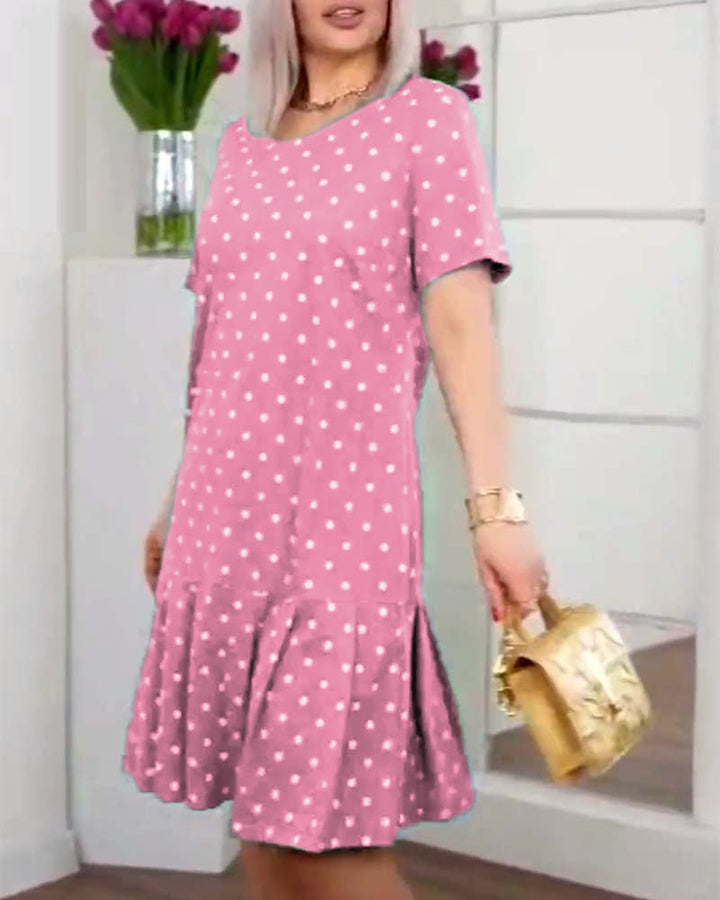 Polka dot dress knee length with buttons and short sleeves for women
