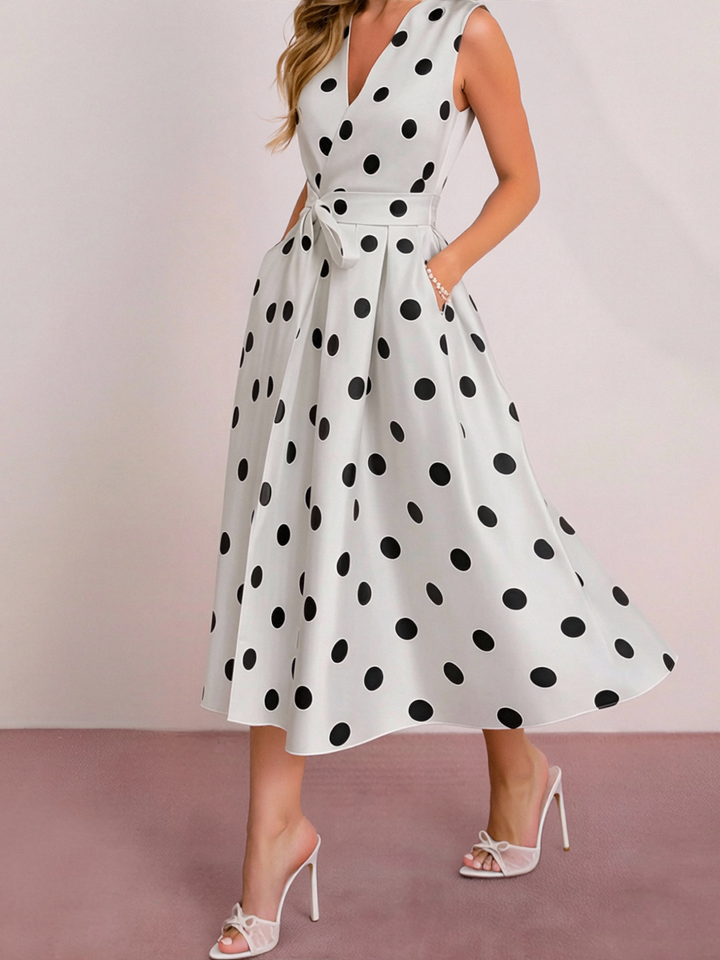 Polka dot midi dress sleeveless v-neck with tie waist for women