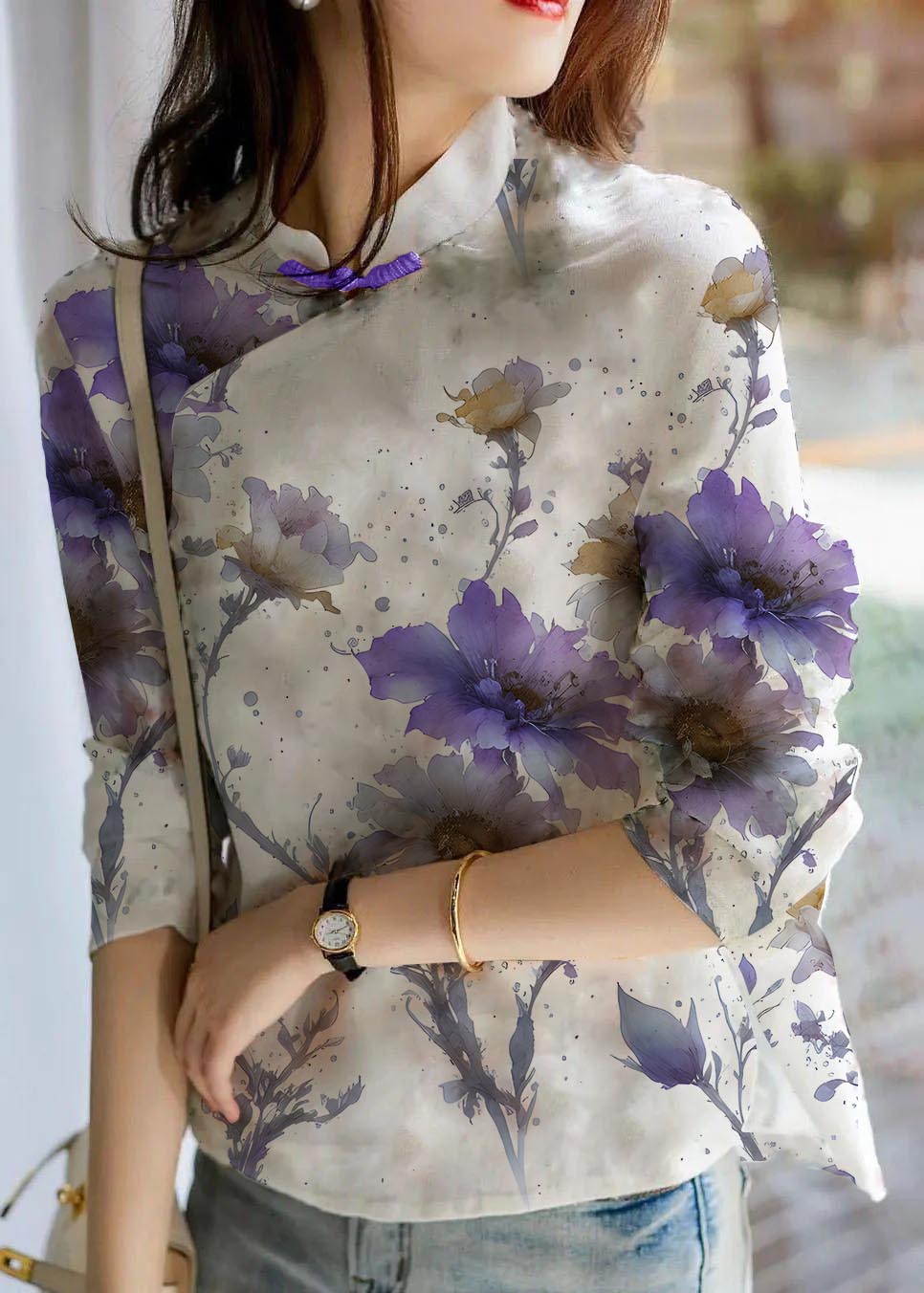 Linen floral print blouse with long sleeves for women