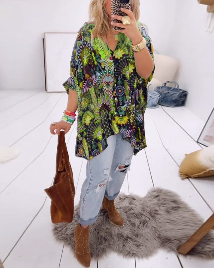 Printed blouse loose fit with lapel collar and half sleeves for women