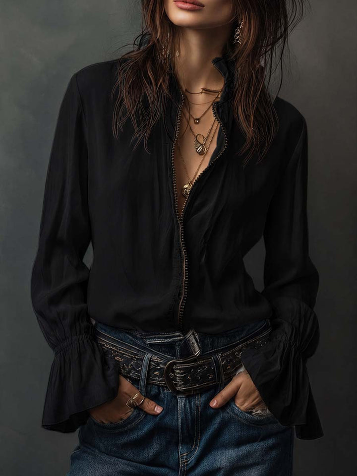 Zip-front blouse with flounce cuffs for women