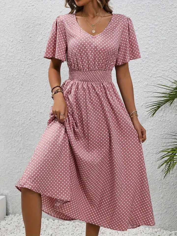 Polka dot maxi dress with flutter sleeves and shaped waist for women