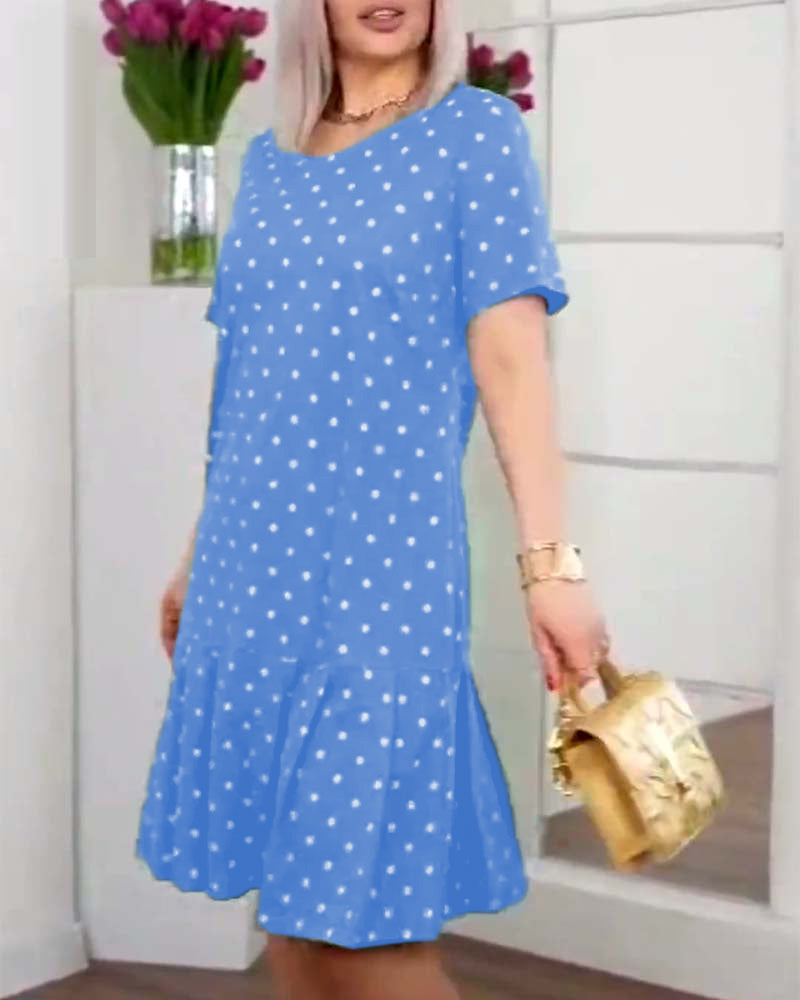 Polka dot dress knee length with buttons and short sleeves for women
