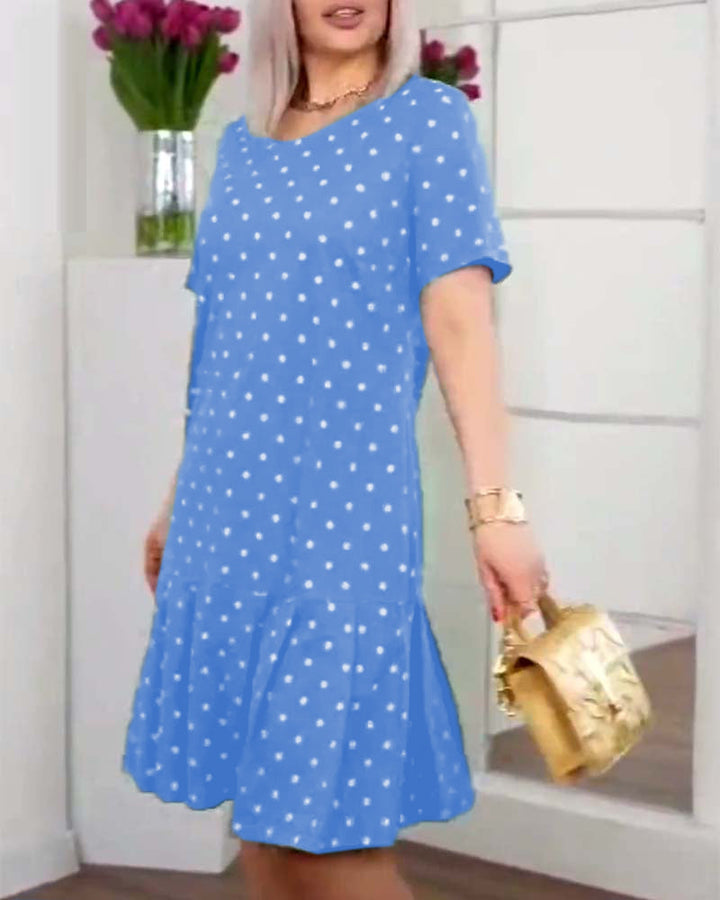 Polka dot dress knee length with buttons and short sleeves for women