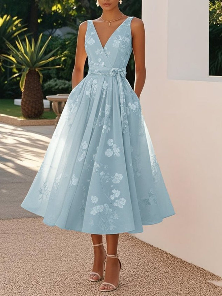 Floral maxi dress sleeveless V-neck A-line for women
